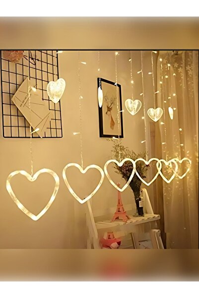 rkm store Kalp Şekilli Perde Led Dekoratif Fişli Kalpli Saçaklı 12 Adet Kalp Gün ışığı