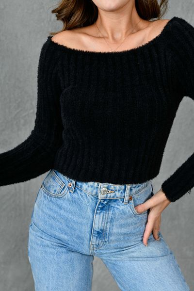 bayansepeti Pulover crop negru cu mânecă lungă - Gât barca 1049