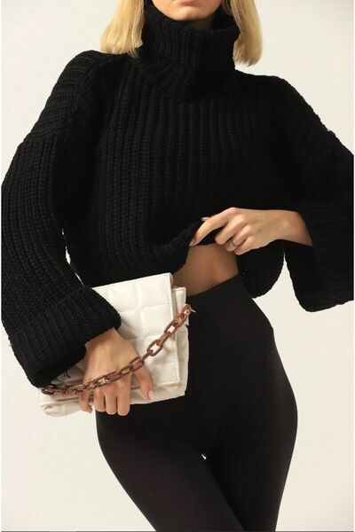 Generic Brand Dier Moda Women's Gray Turtleneck Crop Knitwear Sweater