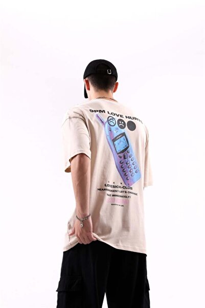 Flaw Wear Stone Color Oversize T-Shirt - Love Hurts Back Printed