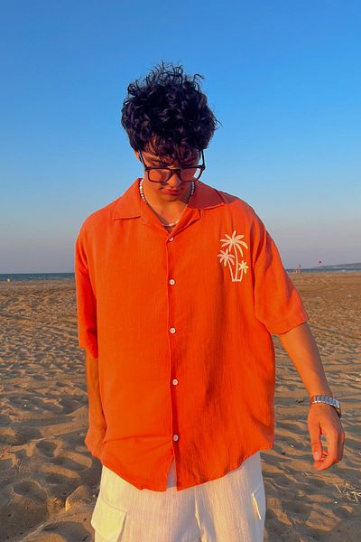 Flaw Wear Linen Orange - Embroidered Palm Short Sleeve Oversize Shirt