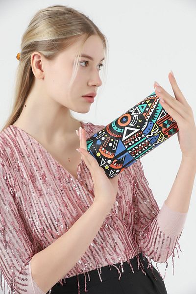 efnanstore Чанта клъч с етнически шарки - цветна