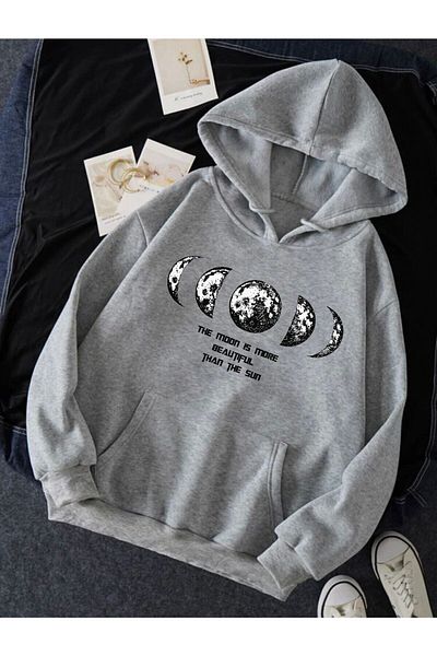 MODARİCH Γκρι φούτερ με κουκούλα Oversize - Beautiful Moon Printed