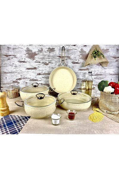 Evita Bio Granite Casserole and Pot Set with Gold Handle