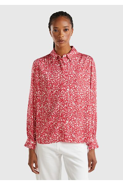 United Colors of Benetton Red Viscose Women's Shirt - Shoulder and Ankle Detail, Patterned, Long Sleeve