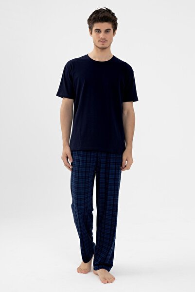 koza iç giyim Чоловічий бавовняний короткий рукав темно-синій картатий малюнок з кишенями піжама комплект