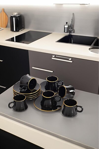 Akkoyunlu home طقم فناجين قهوة تركية سوداء لـ 6 أشخاص مصنوع يدويًا من السيرام...