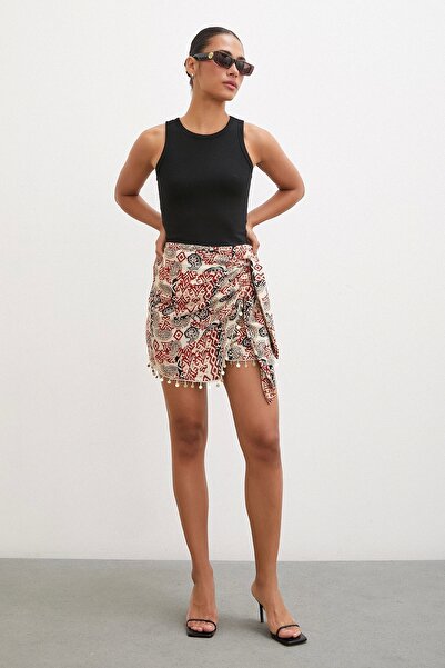 Never more Pul Aksesuarlı Bağlamalı Mini Etek Bej