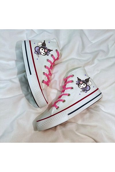 Trendy Moda Kuromi Printed White Linen Sneakers - Long Top Sneakers