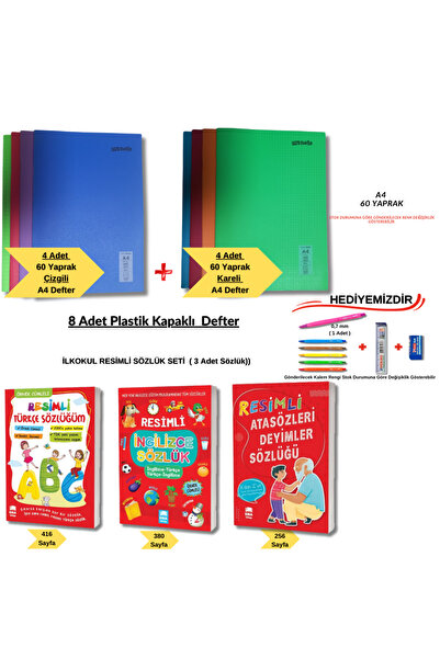uzaktangelir İlkokul Resimli Sözlük Seti + Plastik Kapaklı Dikişli A4 Kareli ...