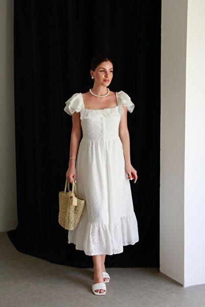 Julishop Julidress Dar Kesim Kare Yaka Midi Boy Boydan Düğmeli Astarlı Premiu...