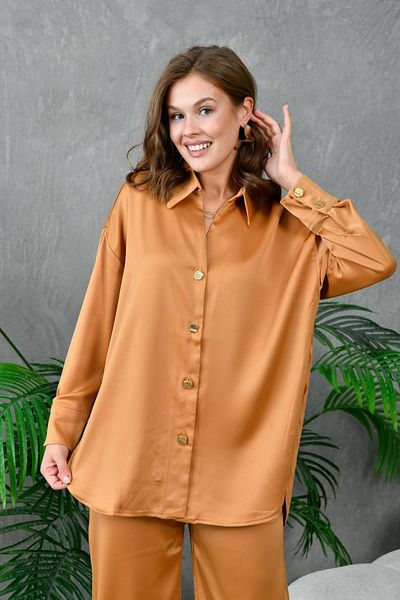 lovebox Satin Women's Evening Dress Double Set - Button Detailed Shirt and Trousers 131