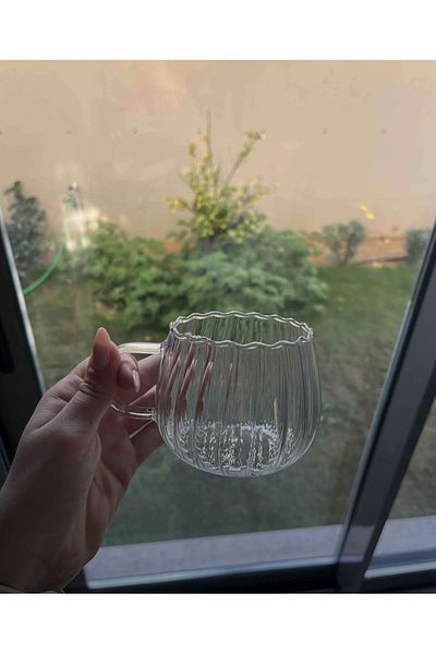GELİNHOMES 350ml Borosilicate Thermal Cup - Line Design Glass Cup Presentation Cup Set of 2