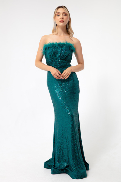 Lafaba Dámské dlouhé večerní flitrové smaragdově zelené šaty bez ramínek