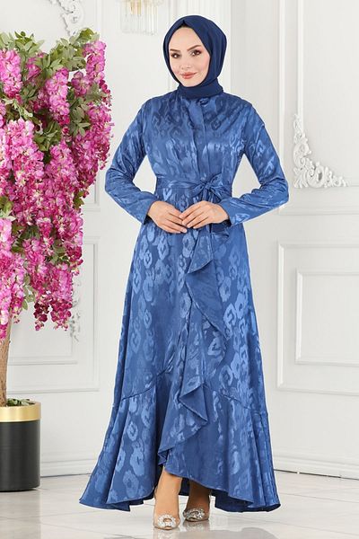 Modaselvim 5000Hbs856 Model Indigo Jacquard Dress - Ruffled Skirt