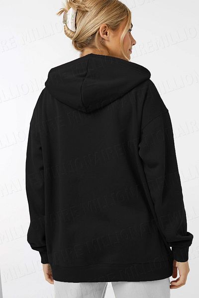 Millionaire Women's Black Hooded Zippered 3 Three Thread Fleece Kangaroo Oversize Loose Sweatshirt Zip Up Hoodie