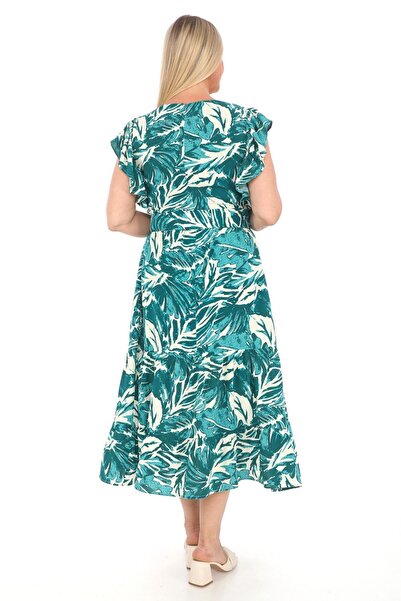 etselements Long Viscose Dress - Fly Sleeve, Crew Neck, Floral Print and Belted