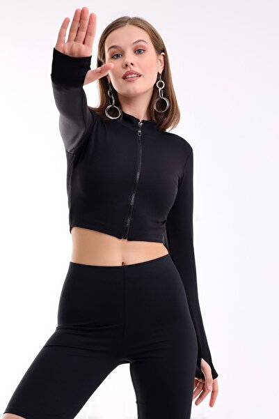 Winmoda34 Kadın Dalgıç Takım Likralı Spor Önden Fermuar Detaylı Kısa Taytlı Uzun Kol Parmak Geçmeli Model