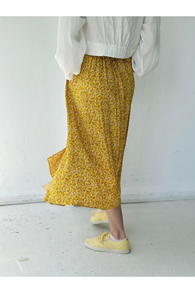 Retrobird Yüksek Bel Yırtmaçlı Etek Kadın Sarı