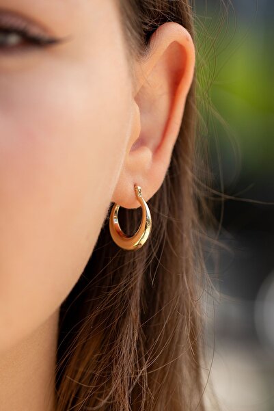 Cenova Jewelry 14 Ayar Altın Kadın Kruvasan Model Kalın Halka Küpe