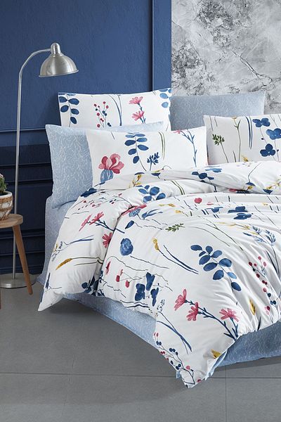 Lorien Flora Double White Patterned Duvet Cover Set - 2 Pillowcases