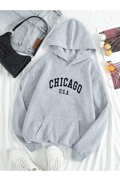 khufu Унисекс суитшърт с качулка и щампа Chicago USA - Модерен сив суитшърт