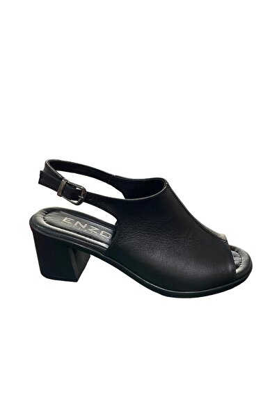 ENZO EXCLUSİVE حذاء جلد طبيعي أسود طبيعي - كعب سميك صيفي