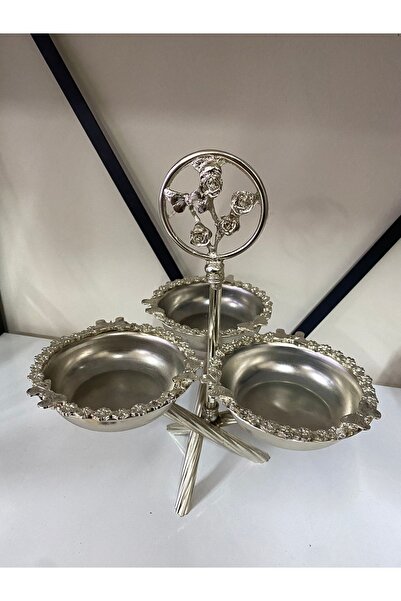 İmren Collection Pirinç 3 Bölmeli Çerezlik Sunumluk Gümüş Renk