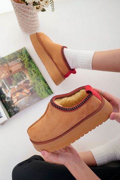 meyra'nın ayakkabıları Tan Suede Γυναικείες Μίνι Μπότες - Επίπεδη Γούνα και μισή φούστα