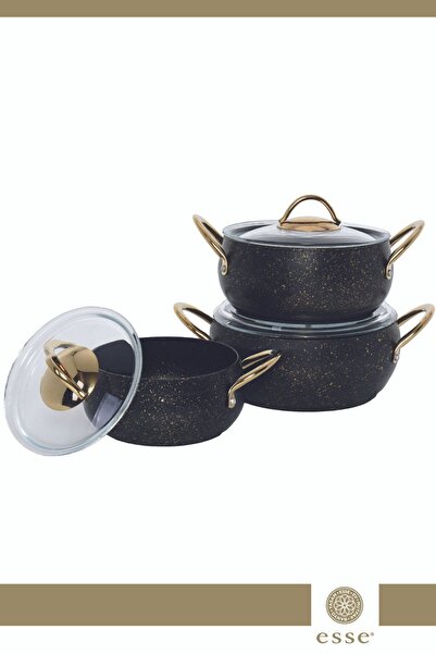 Esse Gold Colored Granite Hot Pot and Pot Set 6 Pieces - 16-18-20 Cm E0023