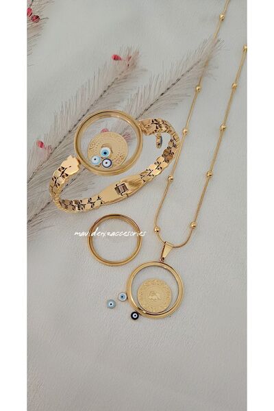 m mavi deniz accesories Çelik Camlı Kelepçe Bileklik Cam Çerçeveli Kolye Çeyr...
