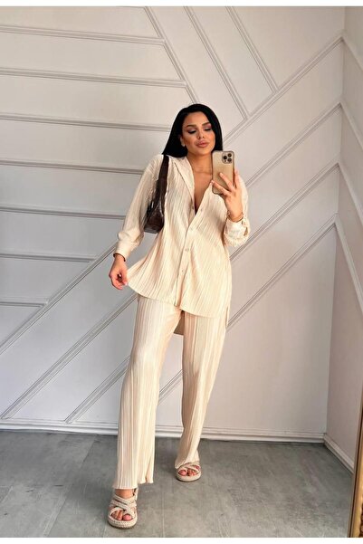 LAMİFUSTORE Kadın Piliseli Gömlek Pantolon Takım