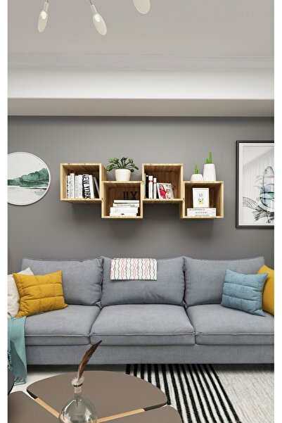 Dekormer Design Kitaplık Kare Duvar Rafı Salon 4 Lü Arkalıklı Mobilya Takım A...