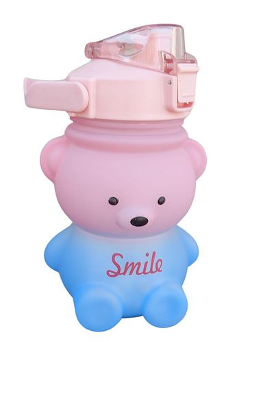 homeneeds 0.8 Lt. Smile Teddy Bear Plastic Water Bottle with Straw - Leak Proof and Student Motivational Effect (with Sticker Gift)