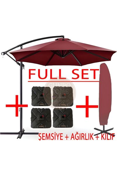 GUNBO HOME 3 Mt 8 Kaburga Full Demir 21 Kg BORDO Bahçe Şemsiyesi Full Set Hav...