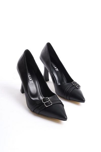 Moda Değirmeni Pantofi cu toc negru cu cataramă dublă pentru femei - BG1181-119-0003