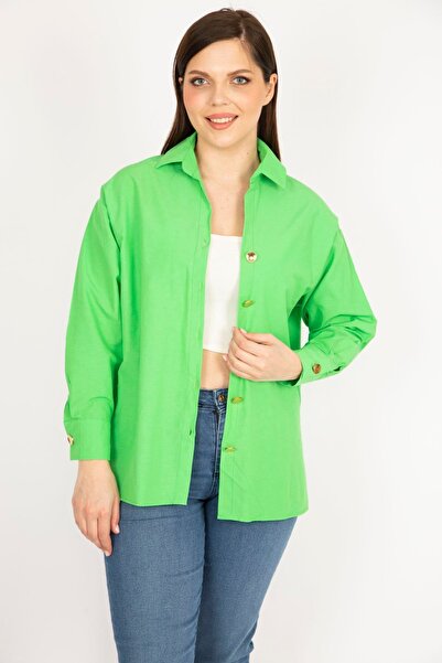 Şans Γυναικείο Πράσινο Πουκάμισο Μεγάλου Μεγέθους Μεταλλικά Κουμπιά με μανσέτες 65n36143