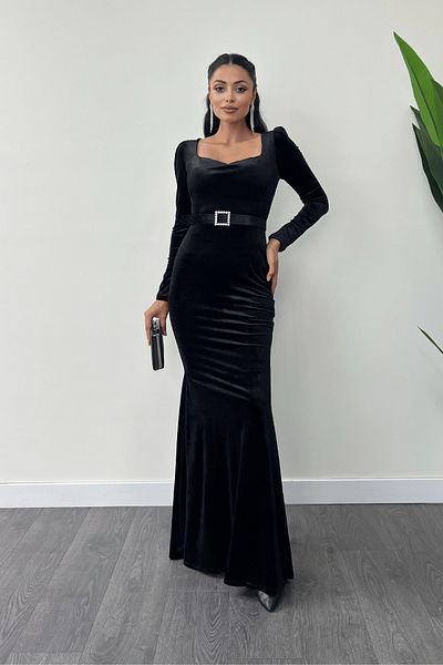 giyimmasalı Φόρεμα από βελούδινο ύφασμα Sweetheart γιακά ψαριού - Μαύρο