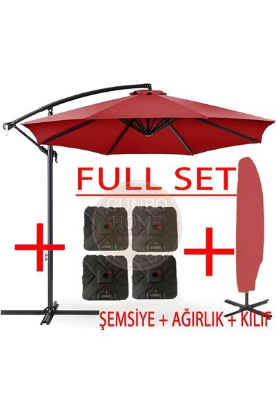 GUNBO HOME 3 Mt 8 Kaburga Full Demir 21 Kg Kırmızı Bahçe Şemsiyesi Full Set H...
