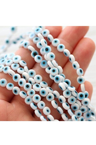 ella'nın çarşısı Плоска стъклена мъниста Назар амулет мъниста бяла 8 мм 1 низка