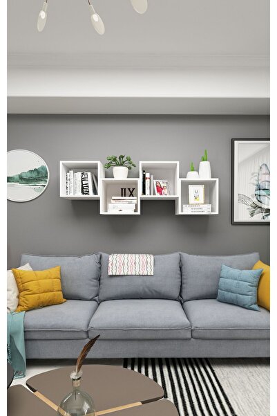Dekormer Design Kitaplık Kare Duvar Rafı Salon 4 Lü Arkalıklı Mobilya Takım B...