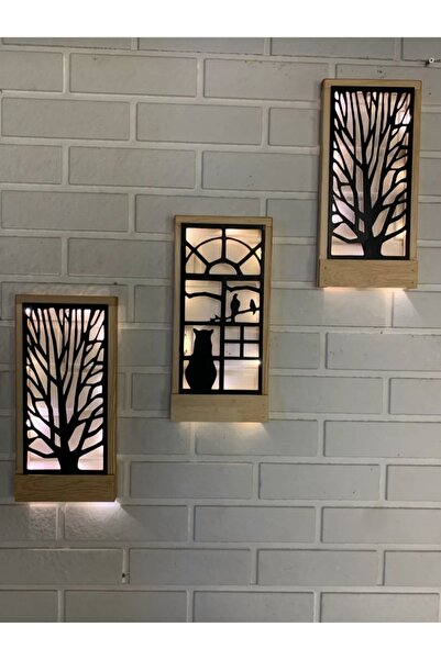 ViraHome Peri Ledli Sarı-siyah 3lü Set Pillerdahil Ahşap Işıklı Duvar Süsü An...