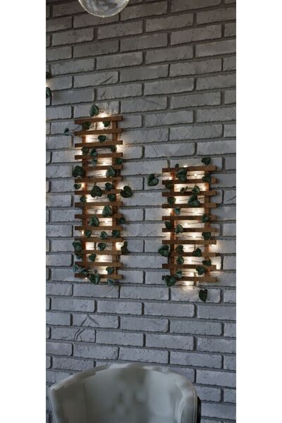 ViraHome 2 Li Peri Ledli Sarmaşıklı Ahşap Çiçeklik Balkon Dekor Duvar Dekor Yapay Çiçek Antre Hol