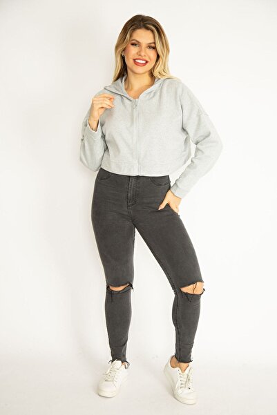 Şans Жіночий великий розмір сірий з шардоном 2 нитки тканина з капюшоном світшот 65n35076