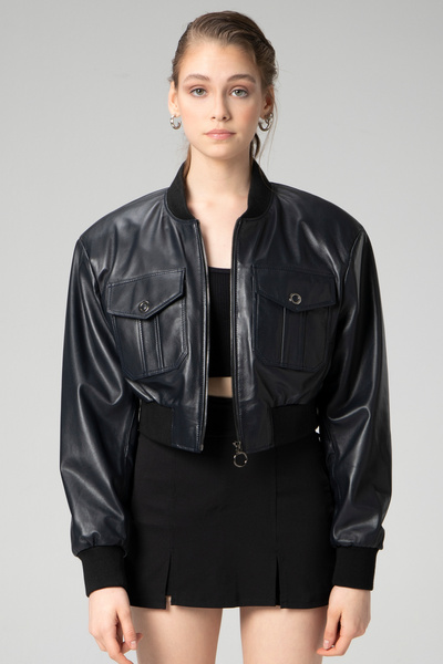 Dericlub Beatrice Kadın Ribanalı Hakiki Deri Crop Mont