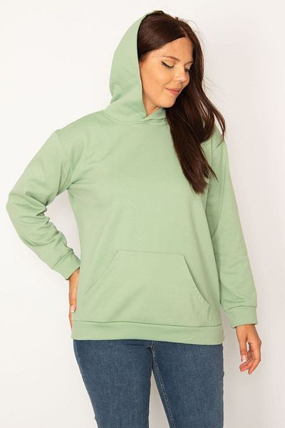 Şans Women's Large Size Green Hooded Sweatshirt with Kangaroo Pocket and Ribbon Inside 65n34582