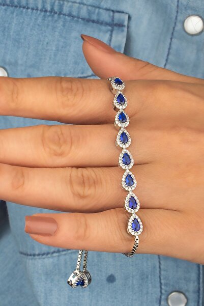 Feays Silver 925 Ayar Gümüş Mavi Damla Taşlı Asansörlü Bileklik
