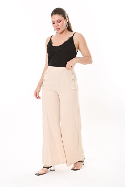 Şans Women's Large Size Mink Ornamental Metal Buttoned Pocketless Pants 65N37817