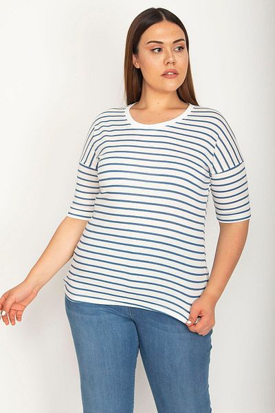 Şans Women's Plus Size Bone Short Sleeve Striped Blouse 65n27044
