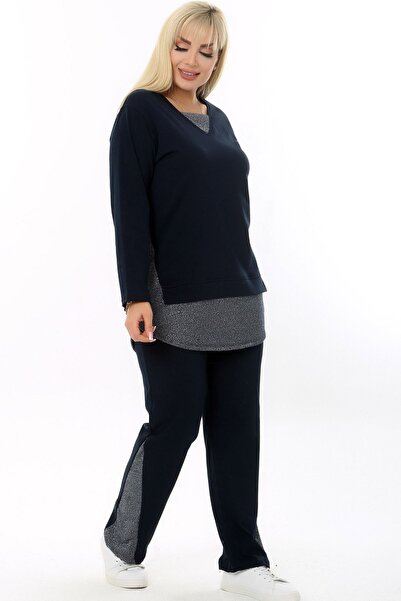Kheos V-Neck Long Sleeve Elastic Waist Collar Skirt Legs and Side Pockets with Glitter Detail Plus Size Tracksuit Set